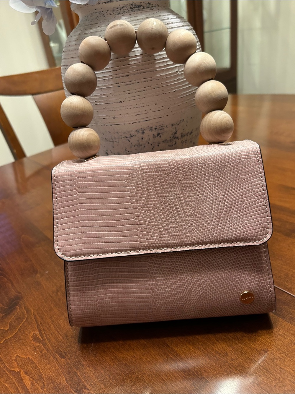 Olga Berg Blush Pink Textured Mini Bag with Wooden Bead Handle